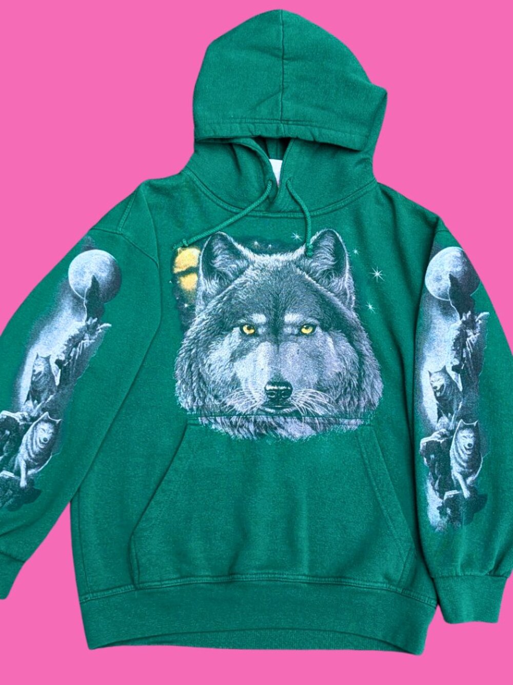Green Wolf Print Hoodie Size S